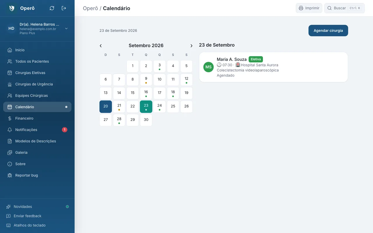 Calendário de cirurgias do Operô, com a lista do dia selecionado